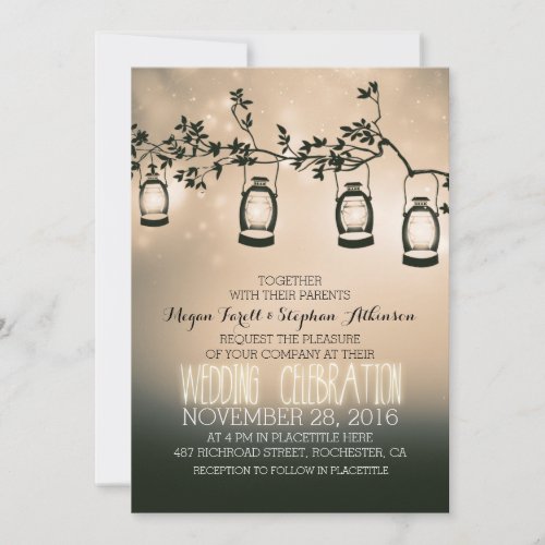 rustic garden lights - lanterns wedding invitation - Beautiful rustic country wedding invitation with garden lights - oil lanterns hanging on the branches of the old tree. Creative and modern design for outdoor wedding themes - woodland wedding, garden wedding, camping wedding, tree wedding etc. PLEASE NOTE that words wedding celebration are picture - you can delete it, move it or make it bigger / smaller after you push customize it button. ---------- If you push CUSTOMIZE IT button you will be able to change the font style, color, size, move it etc. it will give you more options! 


 
  


 
