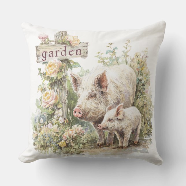 Rustic Garden Monogram Family Farm Pig  Throw Pillow (Front)
