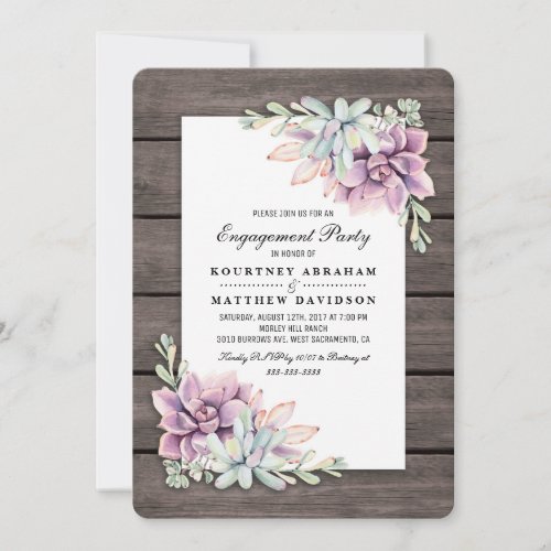 Rustic Garden Succulent Floral Engagement Party Invitation - Country chic engagement party invitations featuring a rustic wood barn background, a succulent corner display and a celebration text template.
Click on the “Customize it” button for further personalization of this template. You will be able to modify all text, including the style, colors, and sizes.
You will find matching items further down the page, if however you can't find what you looking for please contact me.