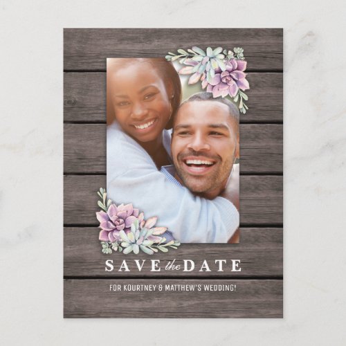 Rustic Garden Succulent Floral Photo Save the Date Announcement Postcard - Country garden chic save the date postcards featuring a rustic wood barn background, a photo of the bride & groom, a succulent floral corner display and a wedding text template that is easy to customize.
Click on the “Customize it” button for further personalization of this template. You will be able to modify all text, including the style, colors, and sizes.
You will find matching items further down the page, if however you can't find what you looking for please contact me.