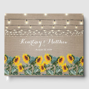 Rustic Garden Sunflowers and String Lights Wedding Guest Book