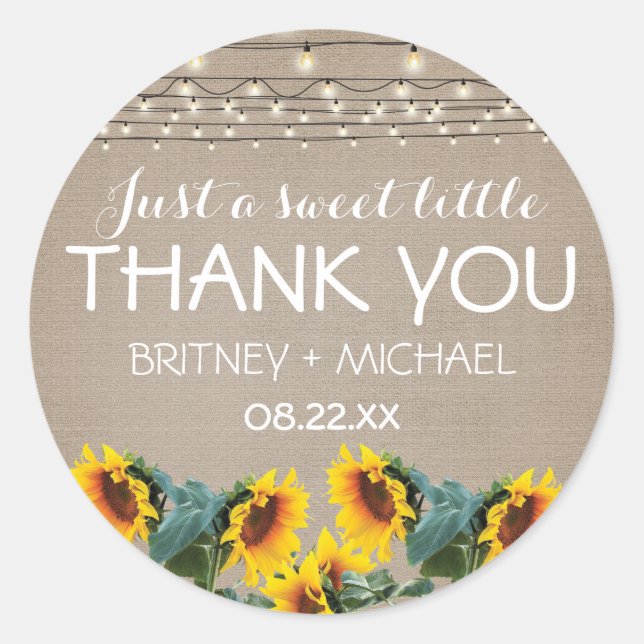 Rustic Garden Sunflowers Lights Wedding Favor Classic Round Sticker (Front)