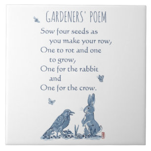 Rustic Gardener's Poem Blue & White Rabbit Crow Ceramic Tile