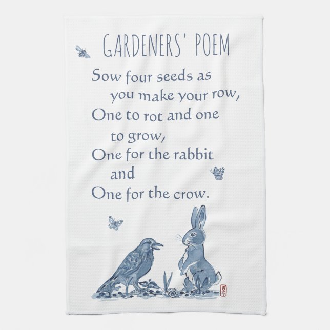 Rustic Gardener's Poem Blue & White Rabbit Crow Kitchen Towel (Vertical)