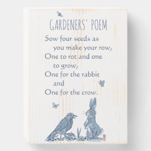Rustic Gardener's Poem Blue & White Rabbit Crow Wooden Box Sign
