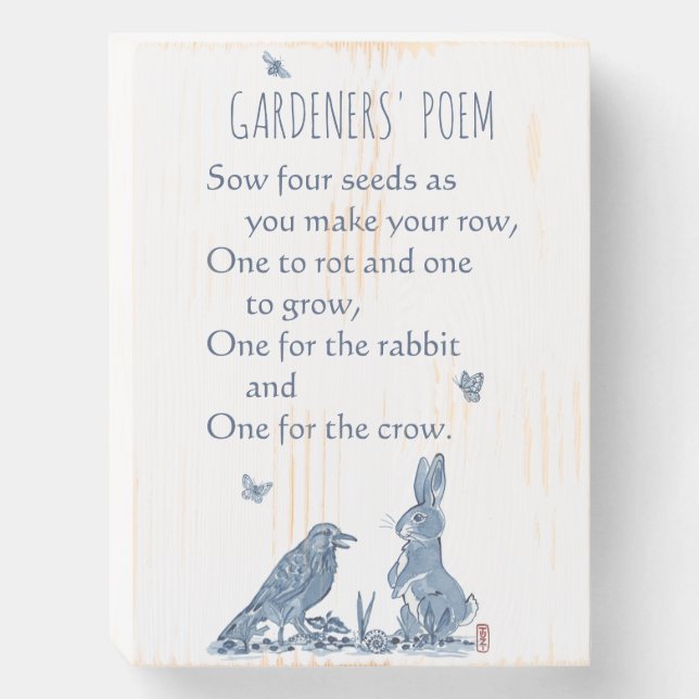 Rustic Gardener's Poem Blue & White Rabbit Crow Wooden Box Sign (Front Vertical)