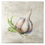 Rustic Garlic Faux Texture Kitchen Watercolor Ceramic Tile<br><div class="desc">Rustic faux texture background with watercolor garlic stalk.  A sweet farmhouse design.  A vintage country look.  Perfect for your country French or cottage farmhouse home.</div>