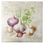 Rustic Garlic Watercolor Faux Texture Kitchen Ceramic Tile<br><div class="desc">Rustic faux texture background with watercolor garlic & greens.  A perfect farmhouse design.  A vintage country look.  Perfect for your country French or cottage farmhouse home.</div>