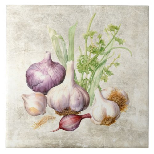 Rustic Garlic Watercolor Faux Texture Kitchen Ceramic Tile