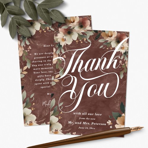 Rustic Garnet Cottagecore Floral Script Wedding Thank You Card