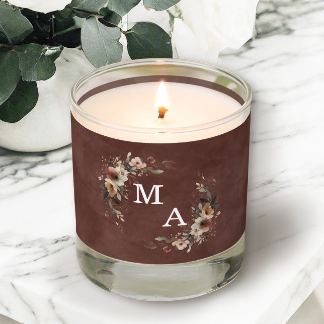 Rustic Garnet Floral Wreath Wedding Monogram Scented Candle (Light up your love story with our floral monogrammed candles, perfect for setting a romantic mood.)