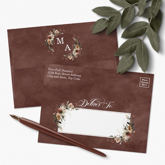 Rustic Garnet Maroon Floral Wedding Invitation Envelope (Send your invites with the timeless beauty 💌 of our Ethereal Elegance monogram floral design.)