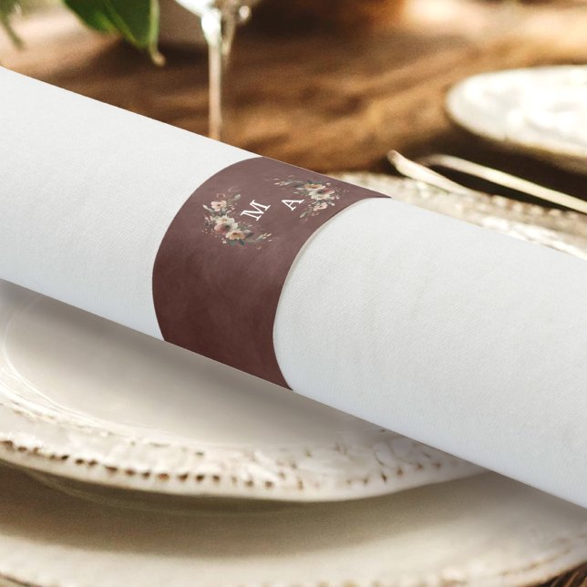 Rustic Garnet Red Floral Wreath Wedding Monogram Napkin Bands (Wrap your celebration in elegance with our monogrammed napkin bands in 6 boho hues.)