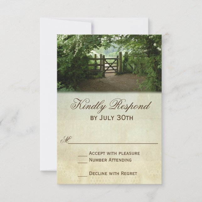 Rustic Gate Nature Trail Country Wedding RSVP Card (Front)