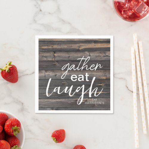 Rustic Gather Eat Laugh Personalized Napkins