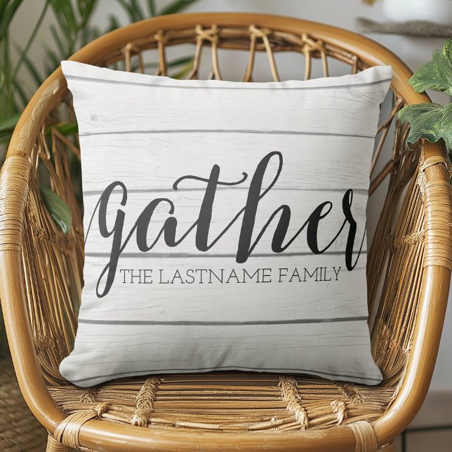 Rustic Gather - Shiplap Wood with Custom Family Throw Pillow (Custom Monogram Pillow)
