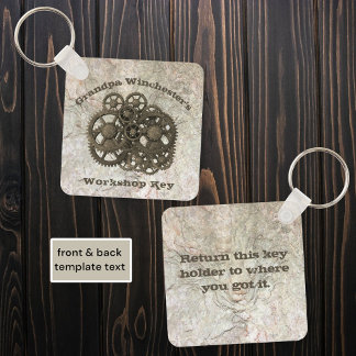 Rustic Gears Sprocket Steampunk On Stone Template Keychain