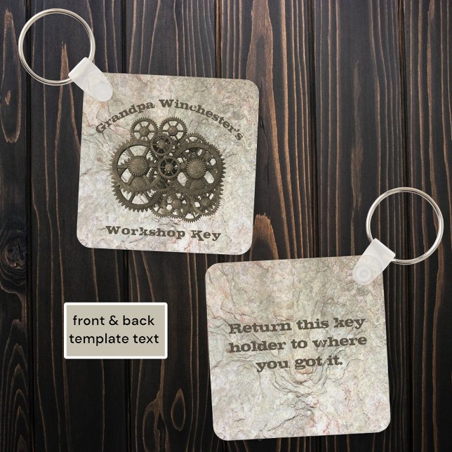 Rustic Gears Sprocket Steampunk On Stone Template  Keychain (key holder front and back template)