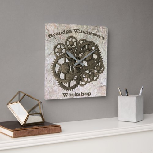 Rustic Gears Sprocket Steampunk On Stone Template  Square Wall Clock