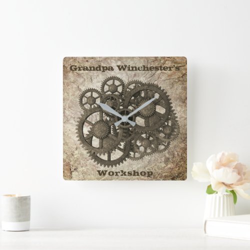 Rustic Gears Sprocket Steampunk On Stone Template  Square Wall Clock