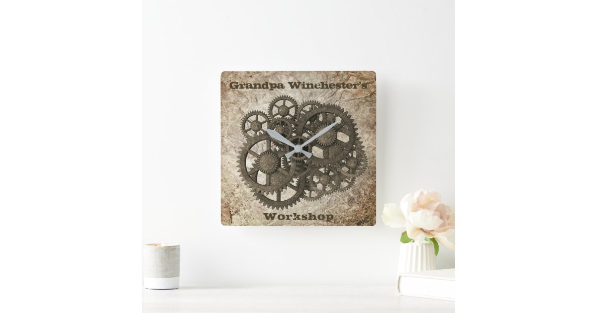 Rustic Gears Sprocket Steampunk On Stone Template Square Wall Clock Zazzle
