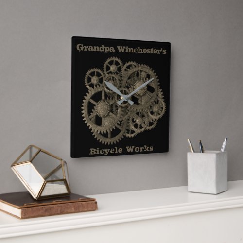 Rustic Gears Sprockets Steampunk Black Square Wall Clock