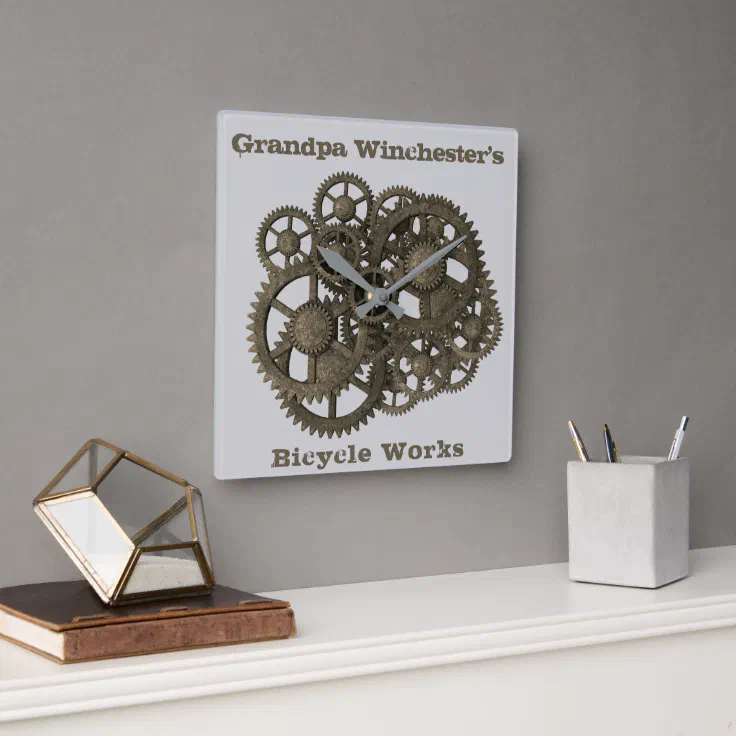 Rustic Gears Sprockets Steampunk Gray Template Square Wall Clock Zazzle