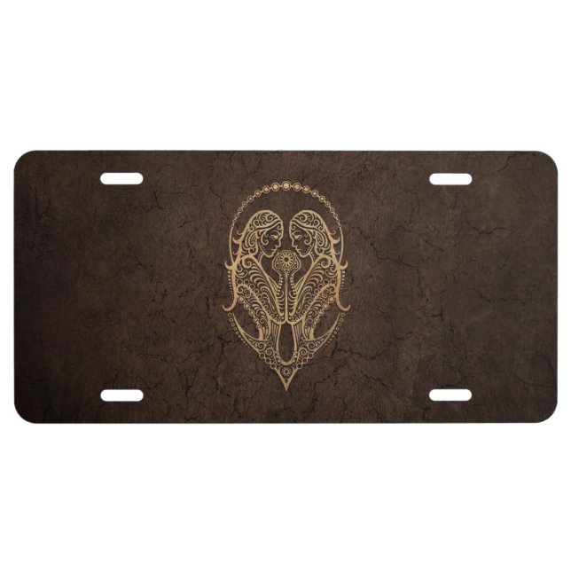 Rustic Gemini Zodiac Sign on Stone Effect License Plate (Front)