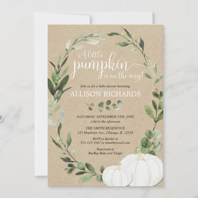 Rustic gender neutral fall pumpkins greenery invitation (Front)