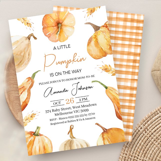 Rustic Gender Neutral Little Pumpkin Baby Shower  Invitation (Gender Neutral Little Pumpkin Baby Shower Invitation, Fall Baby Shower Invite, Autumn Wheat Edge)