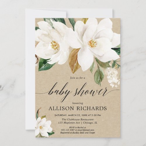 Rustic gender neutral magnolia floral baby shower invitation