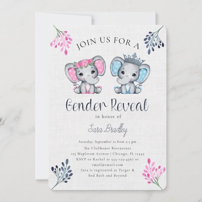 Rustic Gender Reveal burlap elephant baby shower Invitation (Front)