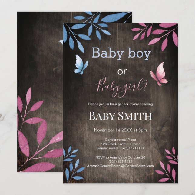 Rustic gender reveal watercolor floral invitation (Front/Back)