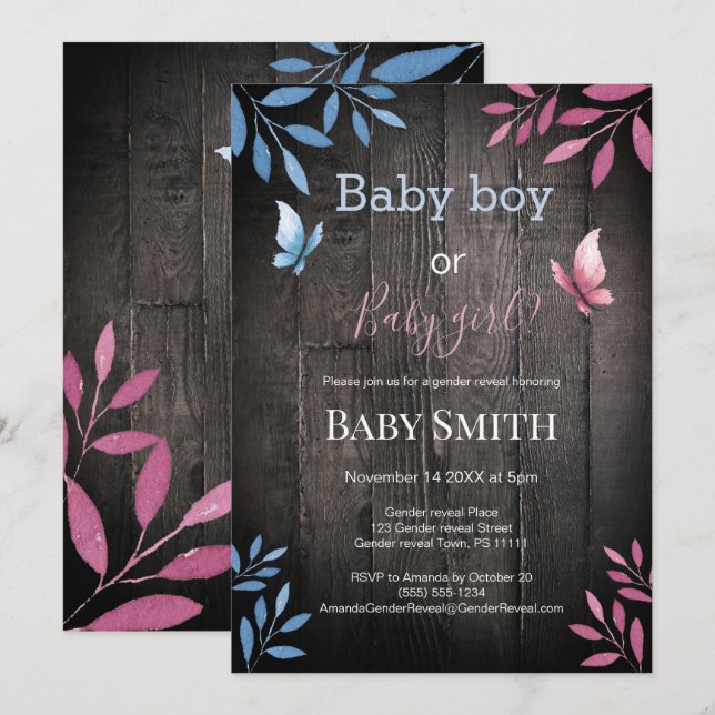 Rustic gender reveal watercolor floral invitation (Front/Back)