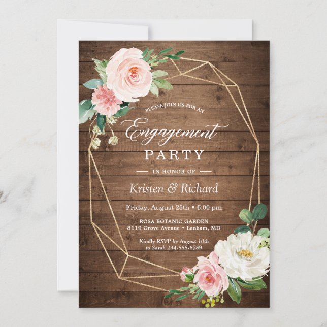 Rustic Geometric Blush Floral Engagement Party Invitation (Front)