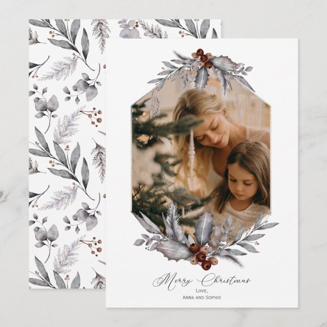 Rustic Geometric Christmas Greenery Photo Frame Holiday Card (Front/Back)