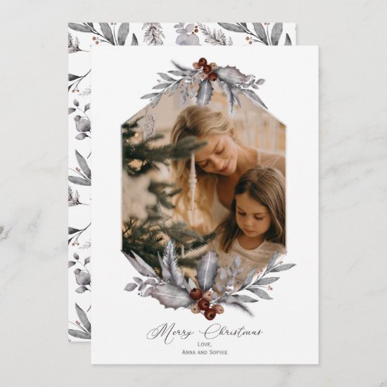 Rustic Geometric Christmas Greenery Photo Frame Holiday Card