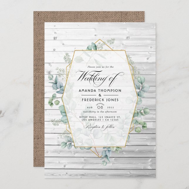 Rustic Geometric Country Barn Eucalyptus Wedding Invitation (Front/Back)