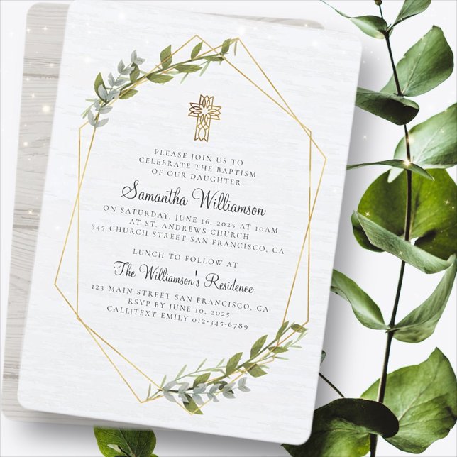 Rustic Geometric Floral Cross Baptism Invitation (Creator Uploaded)