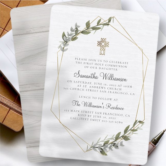 Rustic Geometric Floral First Communion Invitation (Creator Uploaded)