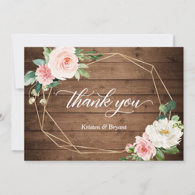 Rustic Geometric Frame and Blush Floral Wedding Thank You Card (Front)