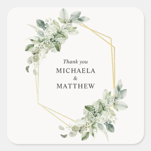 Rustic Geometric Green Faux Gold Wedding Favor Square Sticker