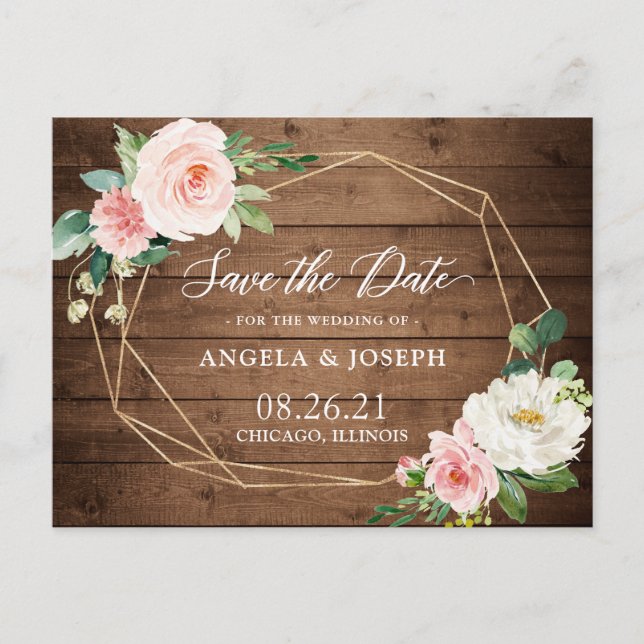 Rustic Geometric Romance Floral Save the Date Announcement Postcard (Front)
