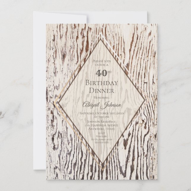 Rustic Geometric Wood Grain 40th Birthday Dinner Invitation (Front)