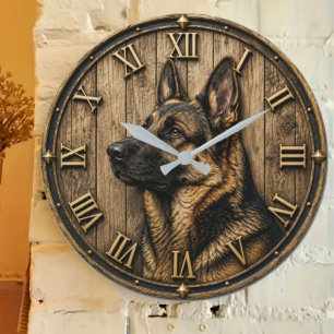 Rustic German Shepherd Portrait Farmhouse Large Clock