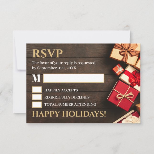 Rustic Gift Box, Christmas Party RSVP Card (Front)