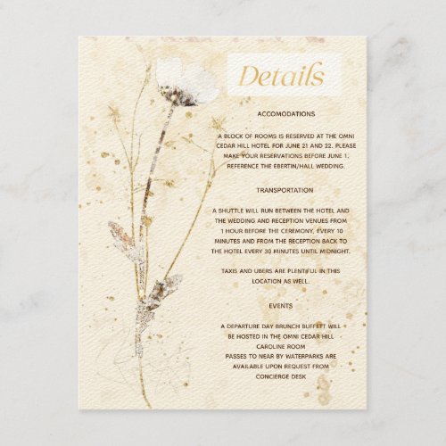 Rustic Gilded Pressed Flower Double Sided Wedding  Enclosure Card