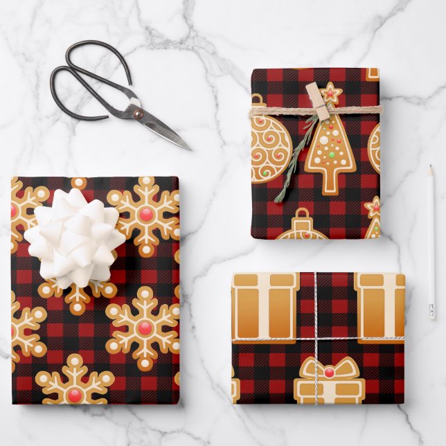 Rustic Gingerbread Cookies & Buffalo Check Plaid Wrapping Paper Sheets (Front)