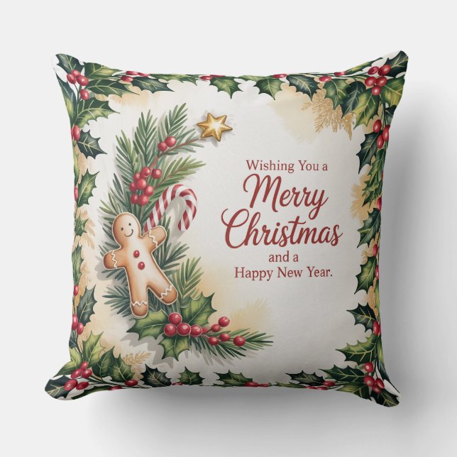 Rustic Gingerbread Holiday" Throw Pillow (Front)