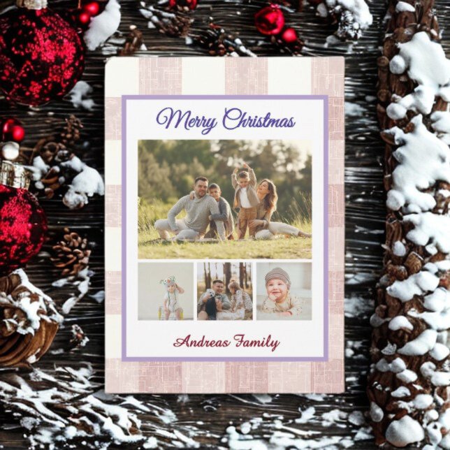 Rustic Gingham 4 Photo Collage Merry Christmas  Holiday Postcard (Creator Uploaded)